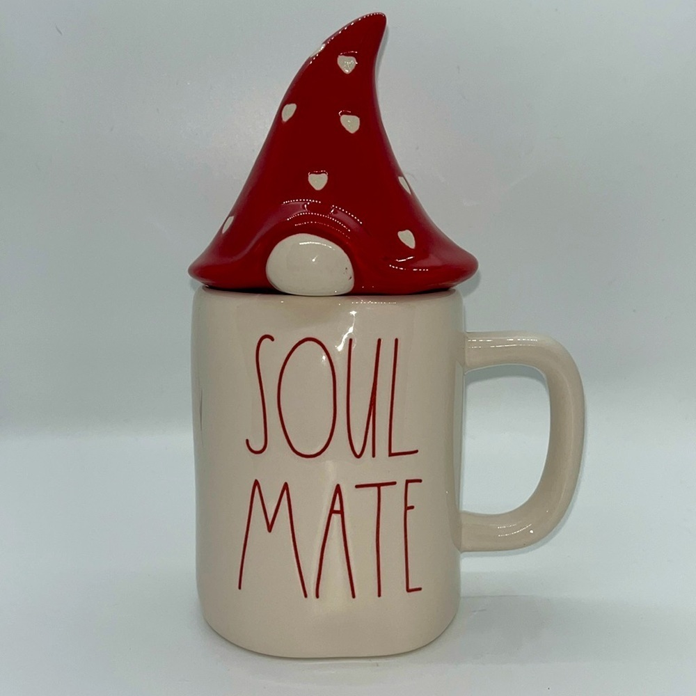RARE Rae Dunn Mug Red SOUL MATE Ceramic Valentines Cup w Gnome Topper